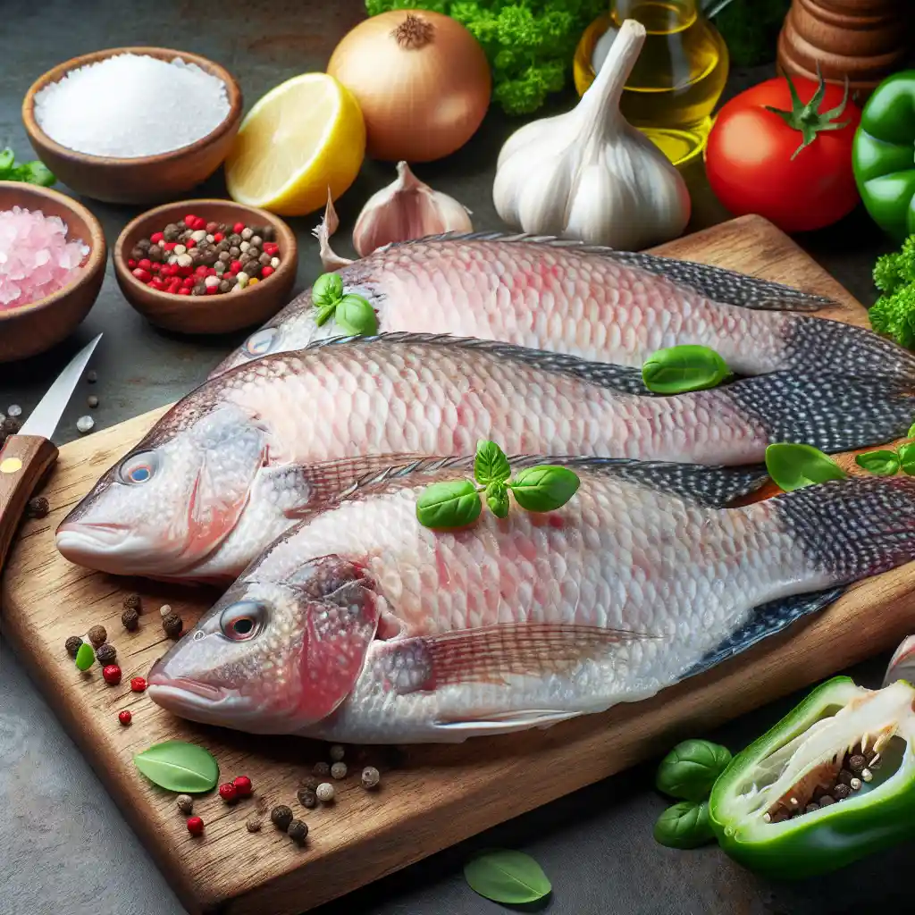 Filetes de pescado tilapia frescos sobre una tabla de cortar, con ingredientes de cocina y un fondo que sugiere su origen acuático.