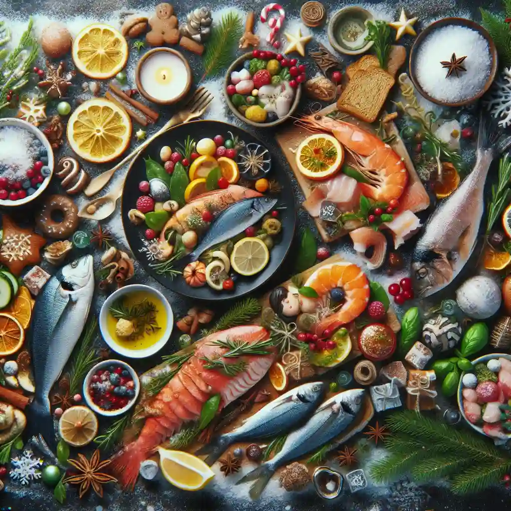 Portada del artículo '101 Recetas de Pescado: Deliciosos Platos para esta Navidad', mostrando una variedad de platos de pescado festivos y coloridos.