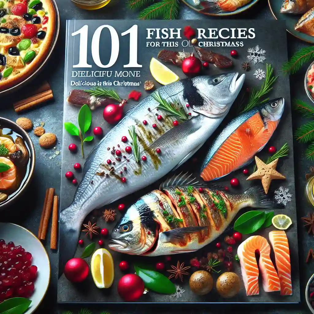 Portada del artículo '101 Recetas de Pescado: Deliciosos Platos para esta Navidad' con imágenes de platos de pescado festivos.