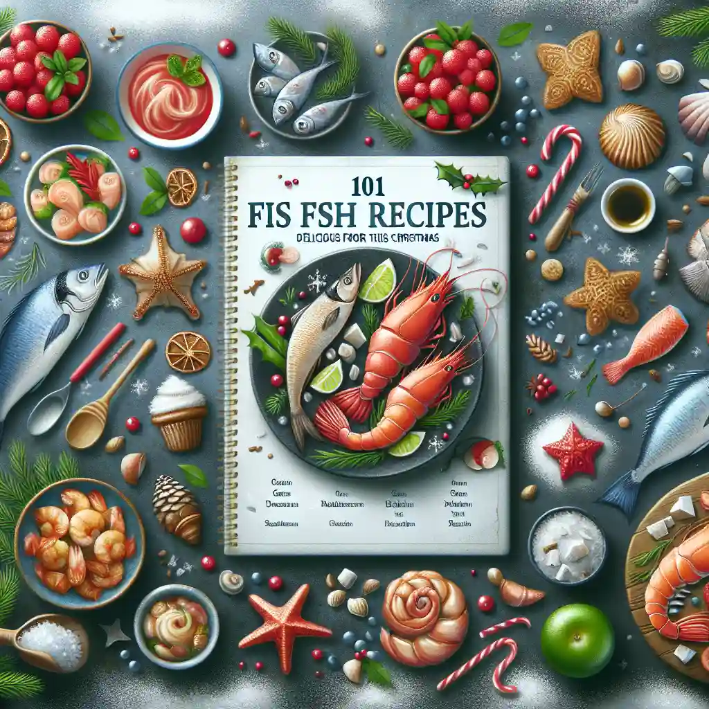 Portada del artículo '101 Recetas de Pescado: Deliciosos Platos para esta Navidad' con imágenes de diferentes platos de pescado festivos.