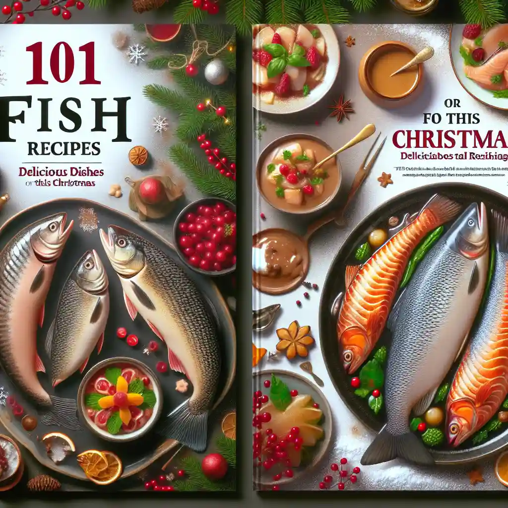 Portada del artículo '101 Recetas de Pescado: Deliciosos Platos para esta Navidad', con imágenes de diversos platos de pescado festivos.